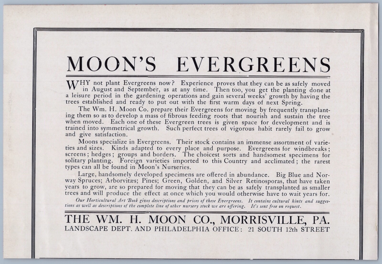 1906 William H Moon Glenwood Nurseries Vintage Ad Morrisville PA Evergreens