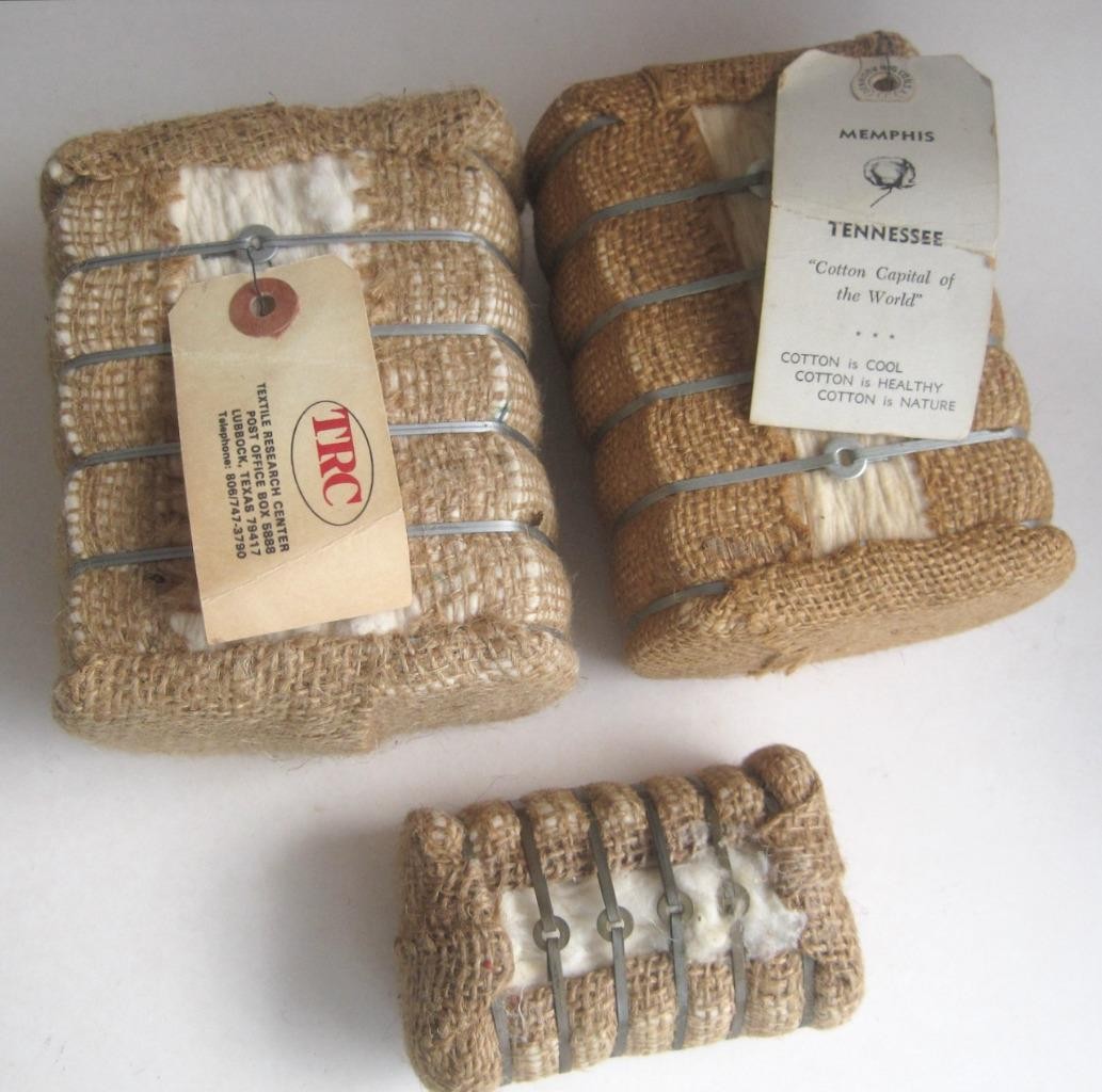 Cotton Bales Souvenir Set 3 Memphis TN Lubbock TX Burlap Metal Tags 5 x 3 x 3