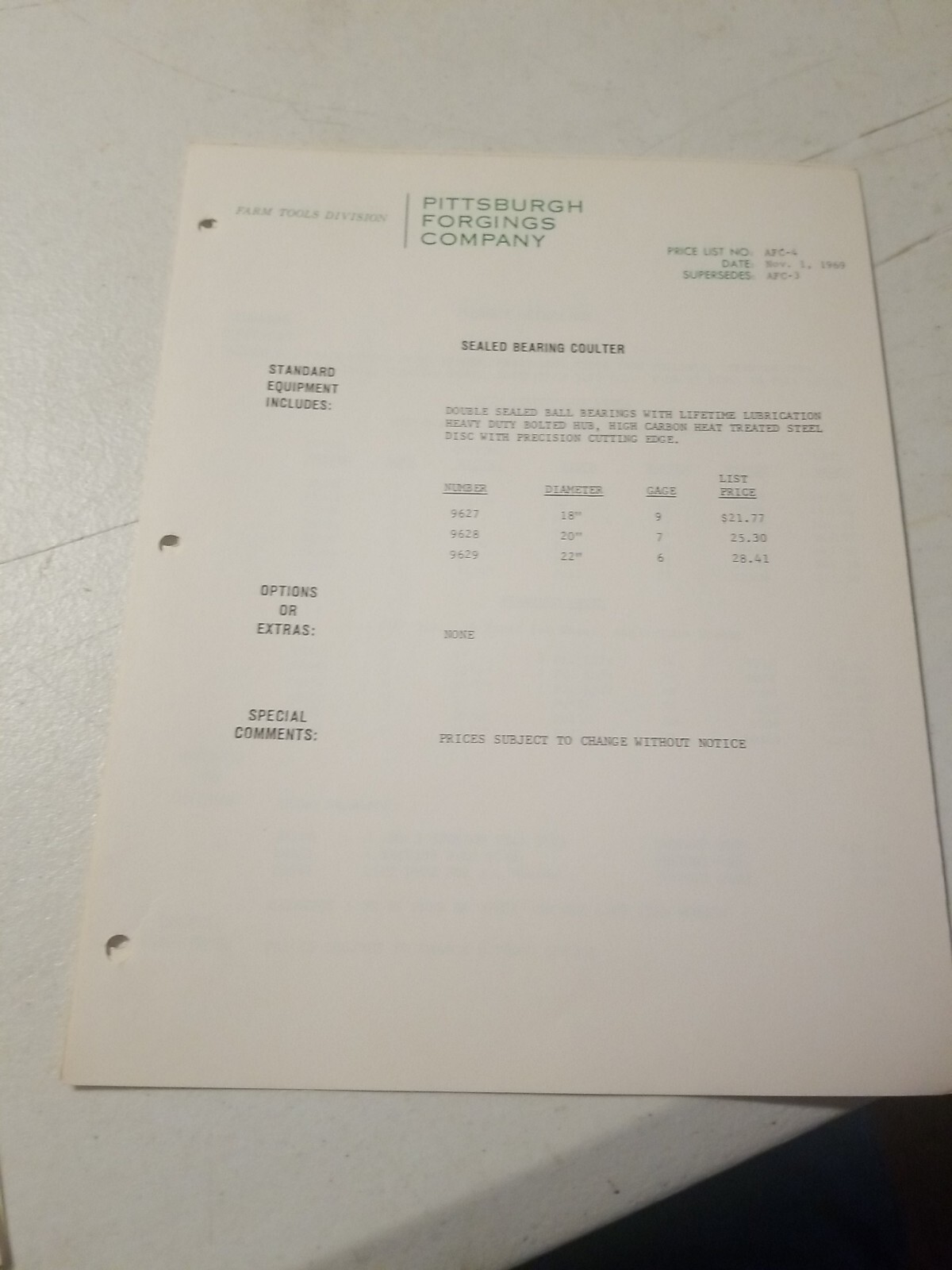 1970 PITTSBURGH FORGINGS CO. Farm Tool Division Master Parts List &PRICE LIST