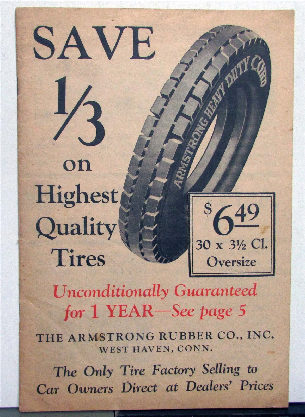 1927 Armstrong Save 1/3 On Highest Quality Tires Pricing Specs Mailer Brochure