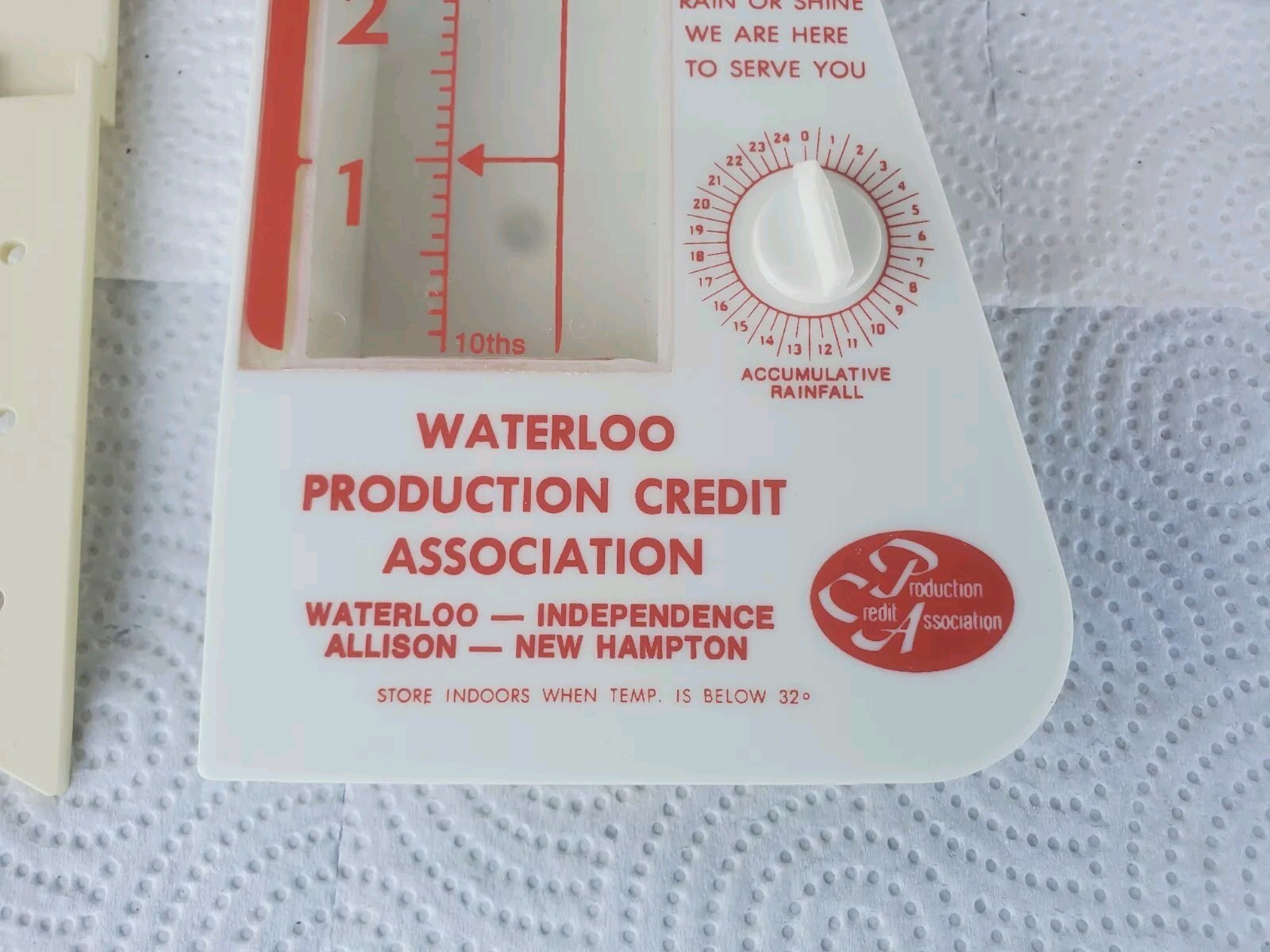 Plastic Rain Guage Waterloo Production Credit Association Allison Iowa Farm Loan