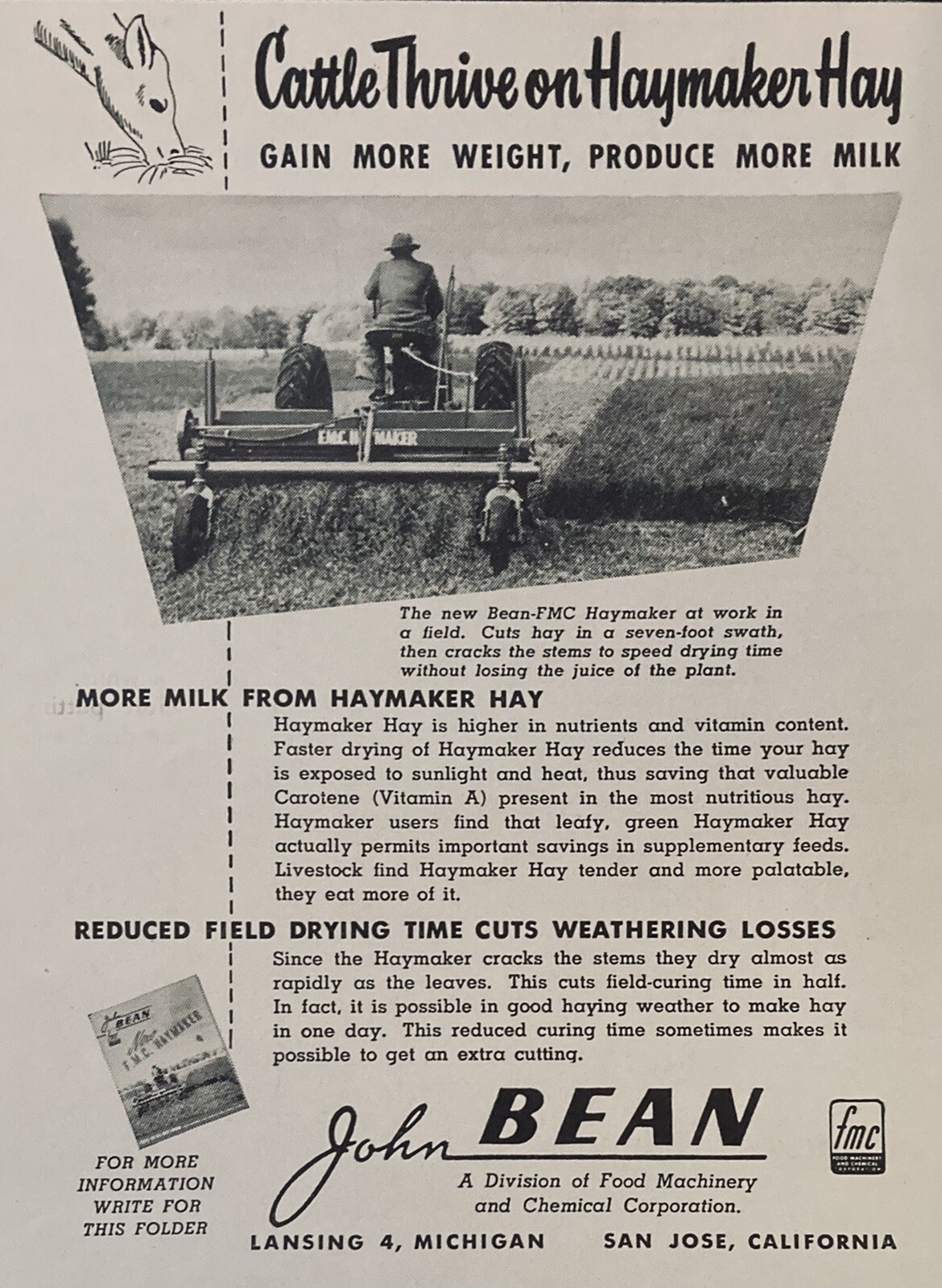 1953 AD.(XH56)~JOHN BEAN FMC. LANSING, MI. NEW BEAN-FMC HAYMAKER