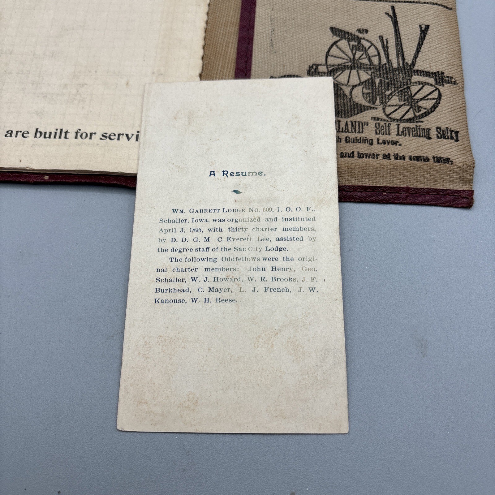 Antique Rock Island Plow Advert. Canvas Notebook & I.O.O.F Resume Schaller, IA