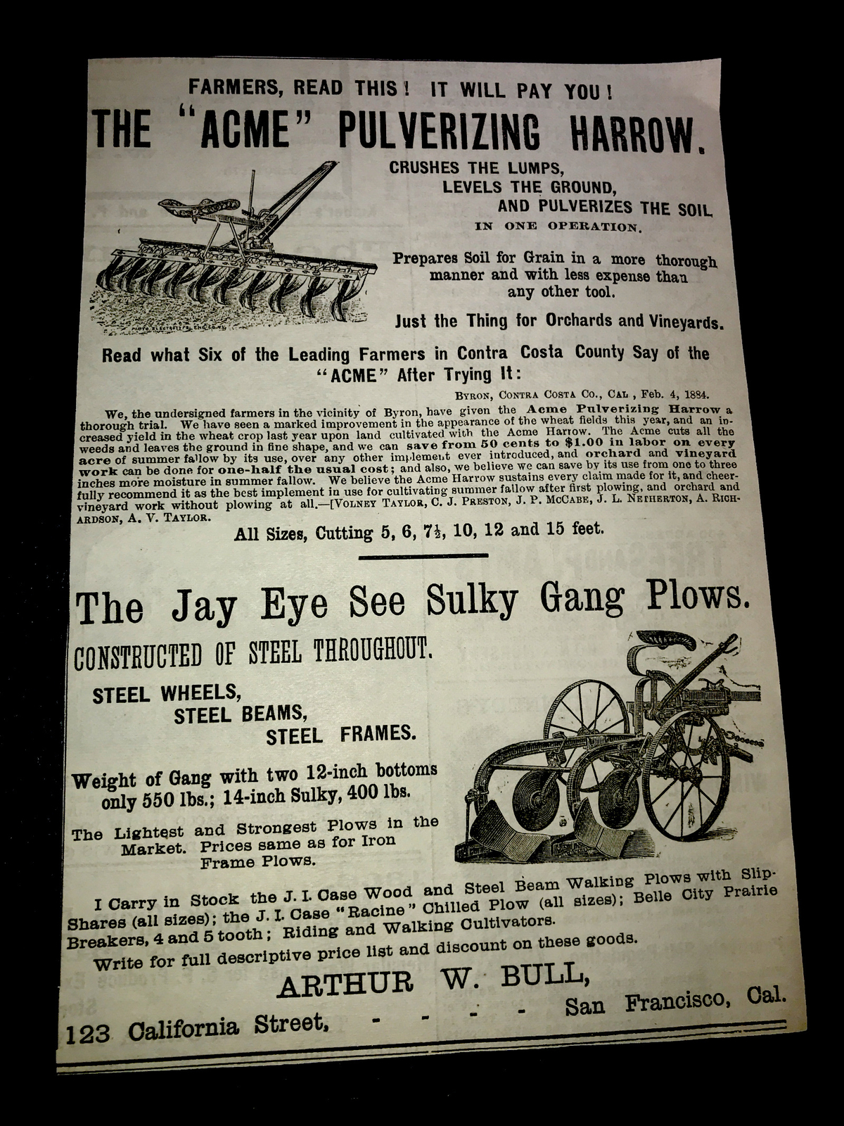 1886 Geo. Bull Plow Farm Engraving Advertising – San Francisco – California