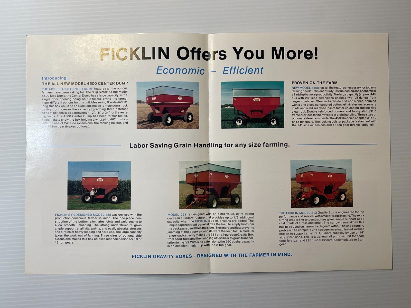 1980s Ficklin Gravity Boxes – Original Dealer Sales Brochure (Dated 1970s / 80s)