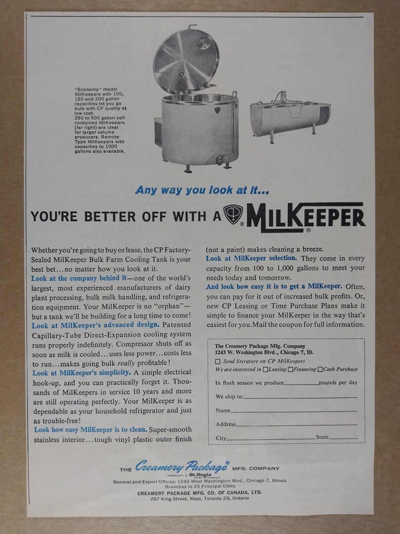 1963 Creamery Package Mfg CP MilKeeper Bulk Milk Tank vintage print Ad