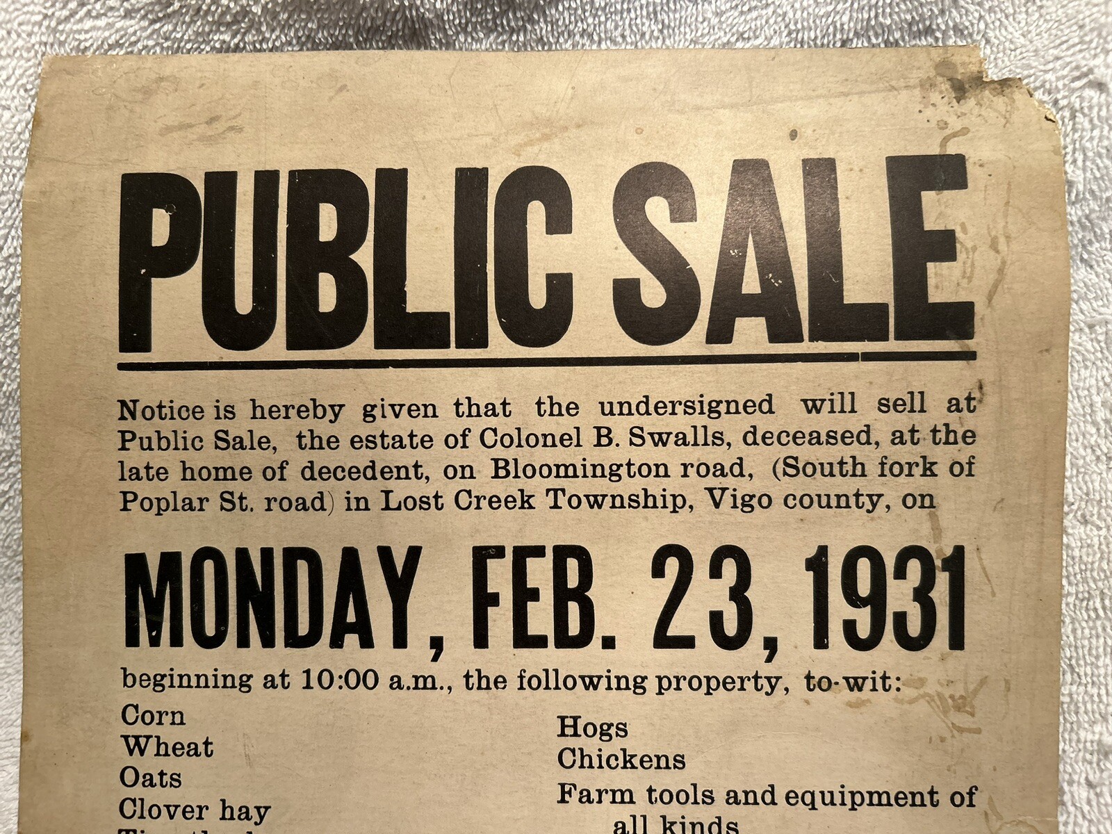 1931 Public Sale Sign Vigo Co. Colonel B. Swalls Lost Creek Bartley Auctioneer