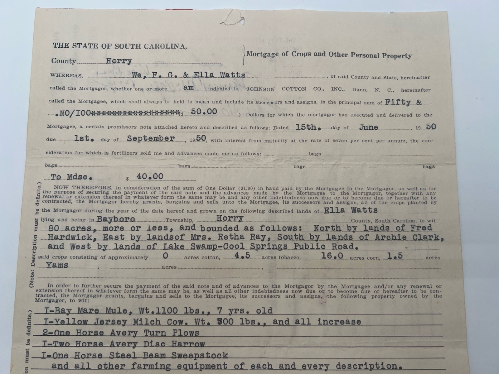 1950 SC Crop Mortgage Johnson Cotton Co Mule Cow Horry County # 1154