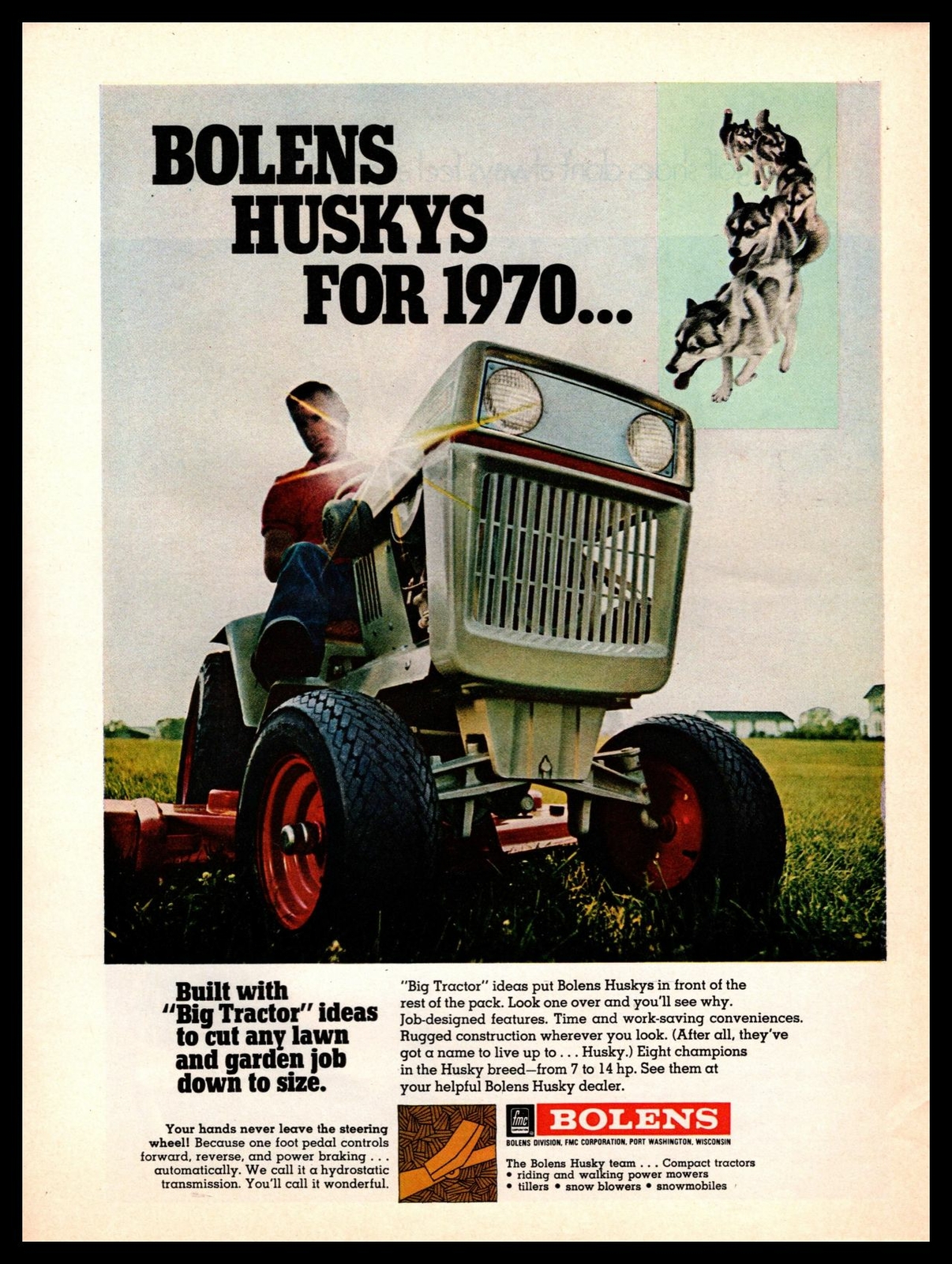 1970 Bolens Port Washington WI Huskys « Big Tractor » Riding Lawn Mower Print Ad