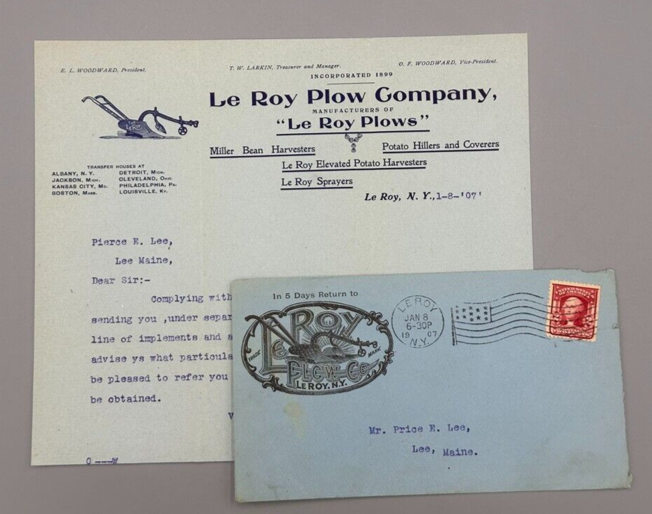 1907 LE ROY PLOW New York FARM Postal Cover Agricultural Antique ADVERTISING