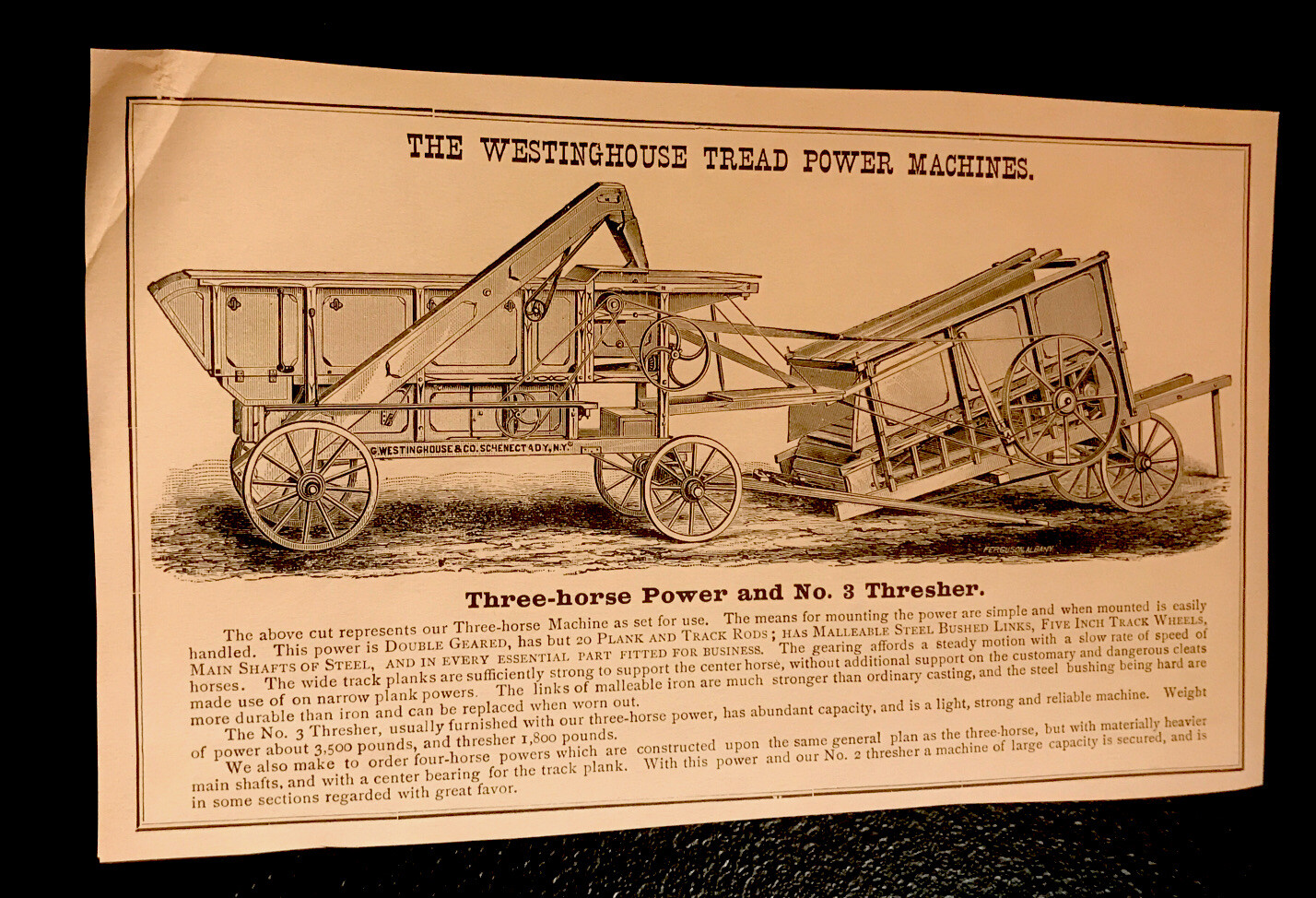 The Westinghouse Tread Power Machines No. 3 Thresher Farm Engraving Advertising