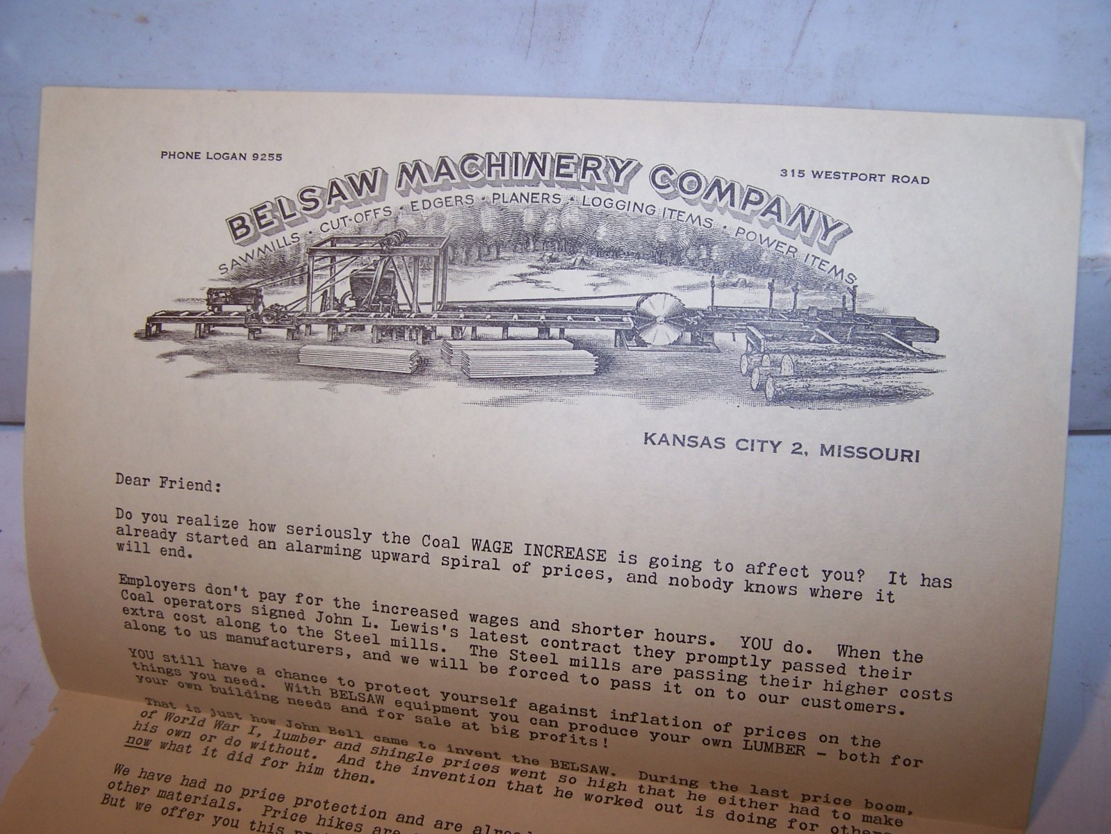 Vintage BELSAW MACHINERY COMPANY Letter KANSAS CITY MISSOURI Logging Sawmill