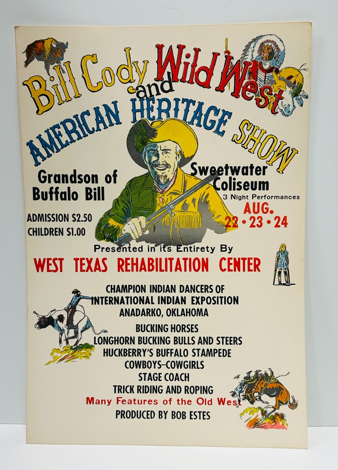 Vtg Bill Cody Wild West American Heritage show card stock poster Sweetwater, Tx