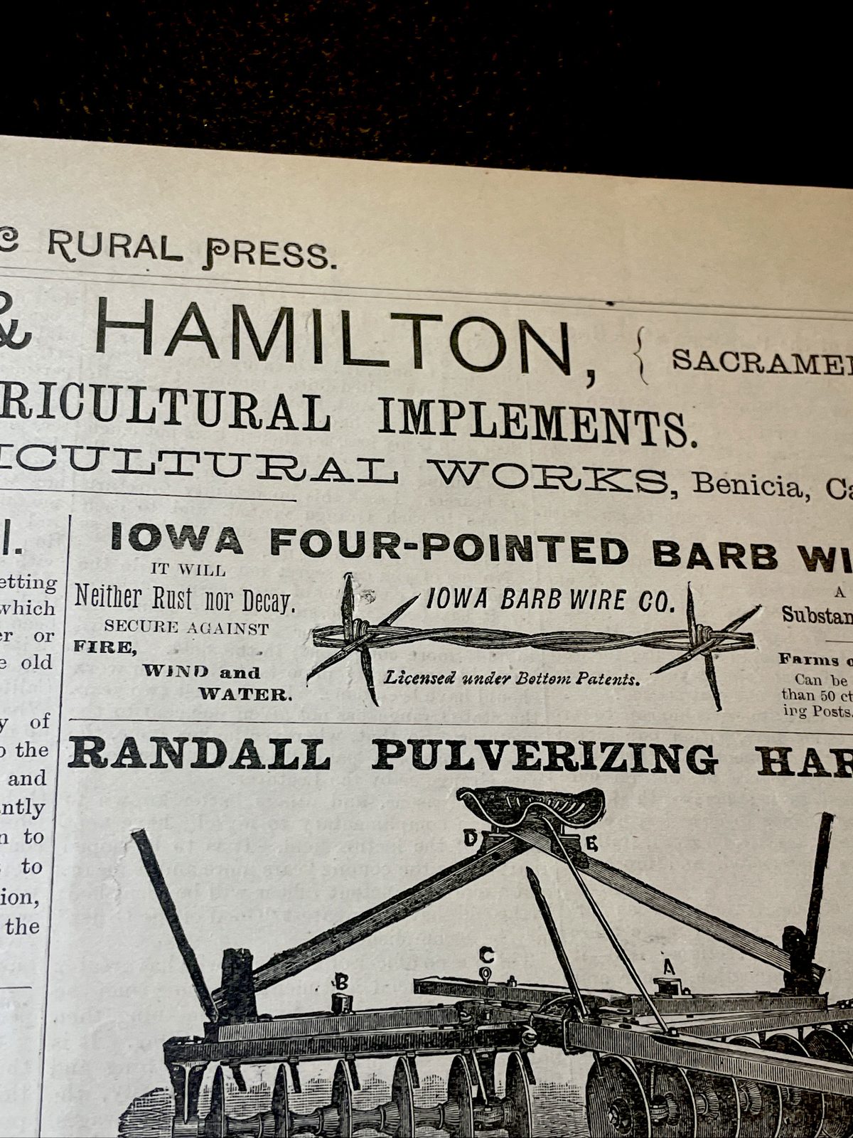 1883 Farm Advertising Engravings – Iowa Barb Wire – Randall Harrow – California