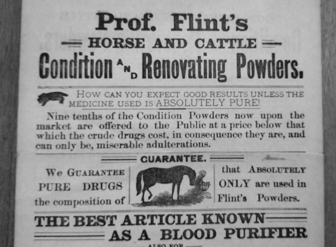1893 Prof. Flint&rsquo;s Horse and Cattle Powders 2 Sided Ad Enosburg Falls, VT