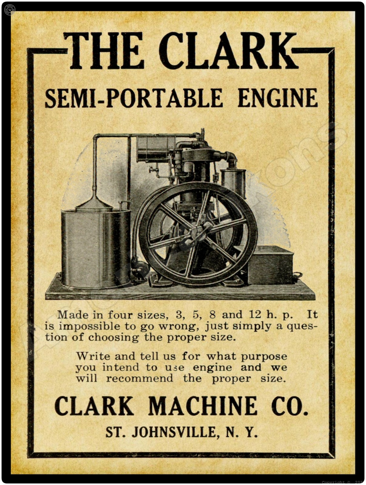 1911 Clark Machine Co Clark Gas Engines New Metal Sign: St. Johnsville, New York