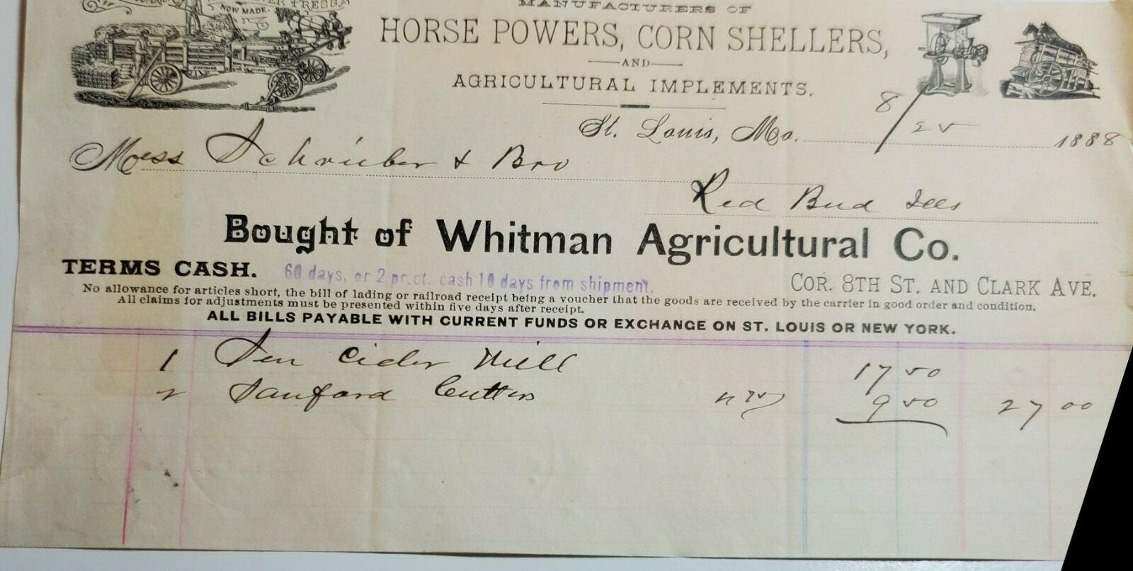 FARM IMPLEMENTS LETTERHEAD BILLHEAD WHITMAN AGRICULTURAL CO. Horse Corn Sheller