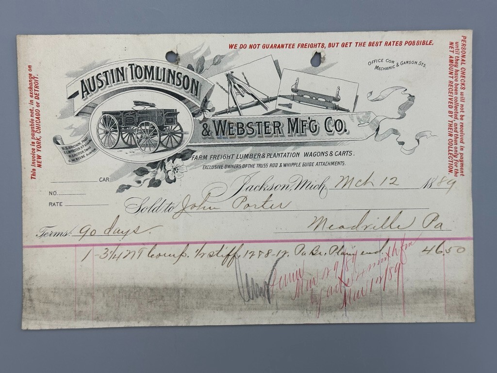 1889 AUSTIN TOMLINSON WEBSTER Antique FARM WAGON Advertising Billhead JACKSON MI