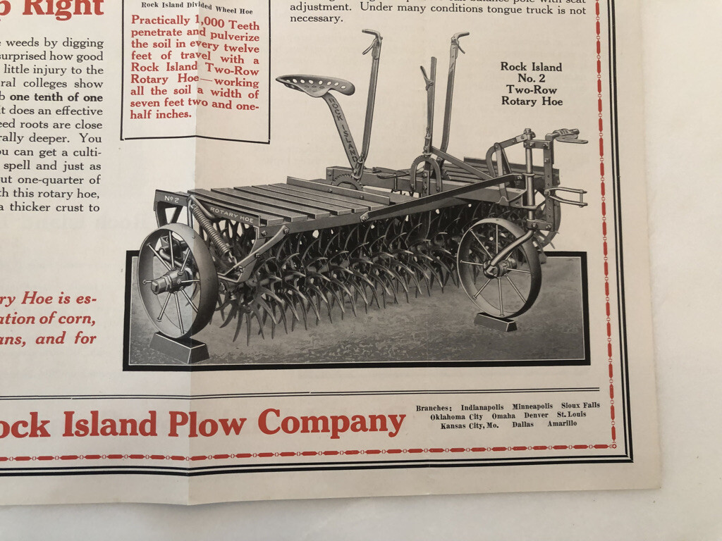 1930 ROCK ISLAND PLOWS Rotary Hoe FARM ADVERTISING Antique Brochure Poster