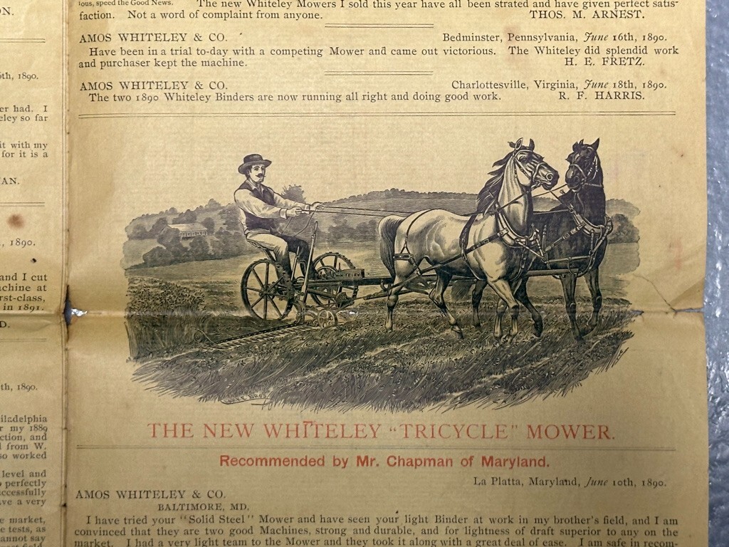 1891 Amos WHITELEY Farm HARVESTING MACHINES Mower Binder Advertising Circular