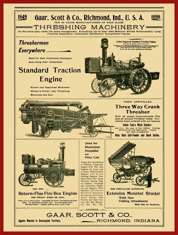 1898 Gaar Scott NEW Metal Sign: Threshing Machines, Traction Engine, Richmond IN