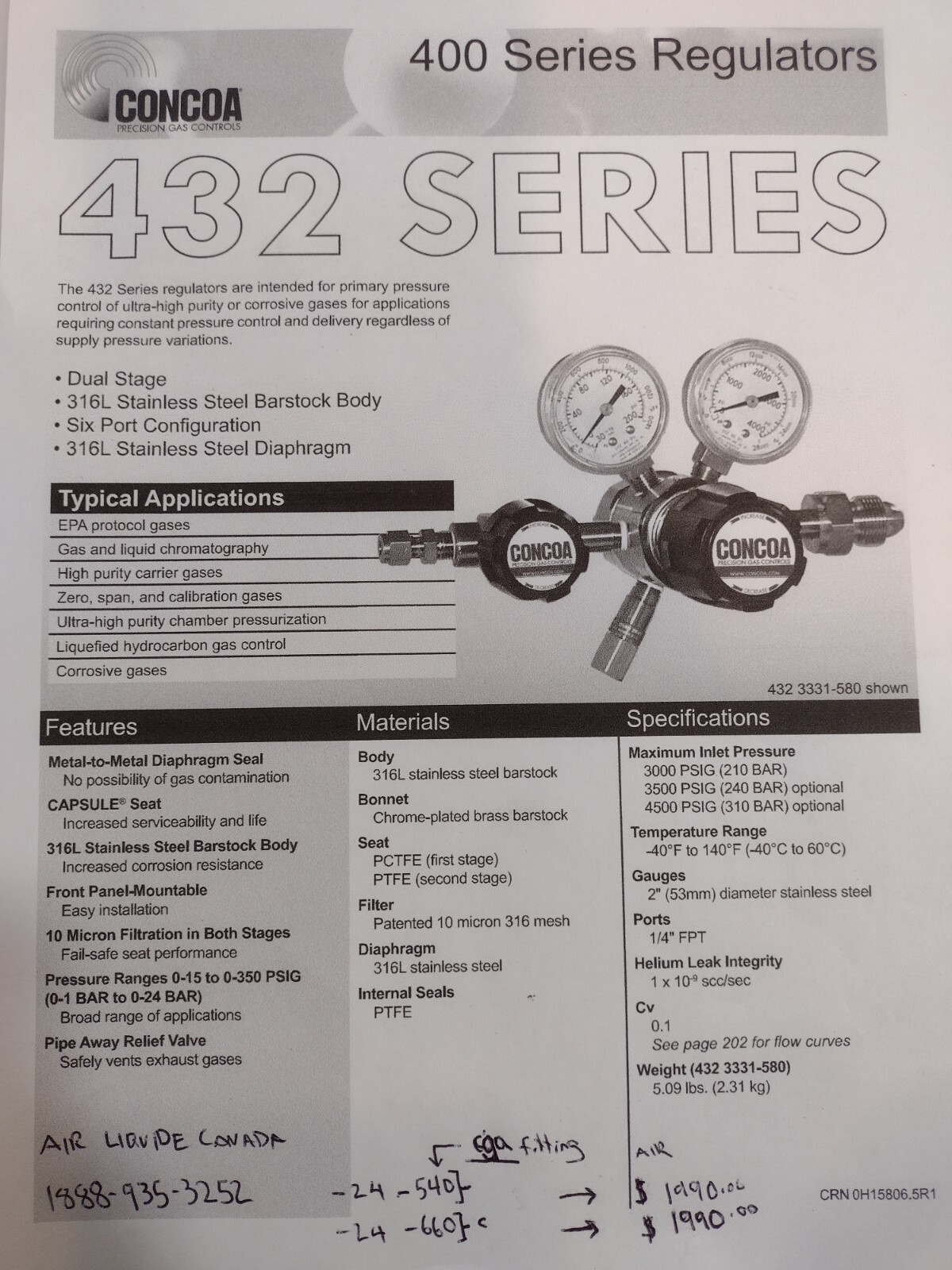 Air Liquid CONCOA #432-1331-24-540 Dual stage Stainless Steel regulator