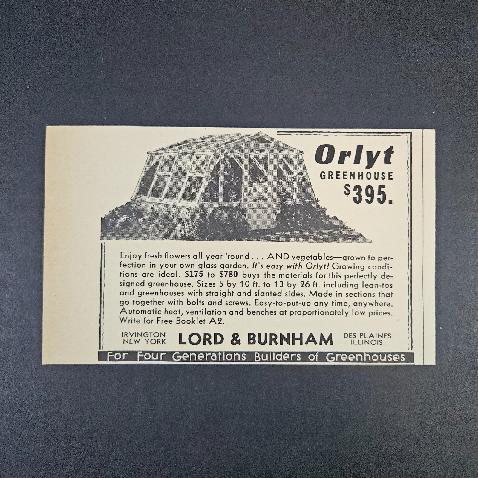 1953 Orlyt Greenhouse Lord Burnham Vintage Print Ad Des Plaines IL Irvington NY