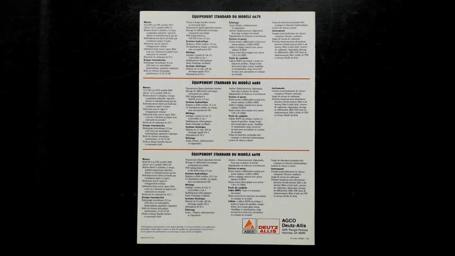 AGCO Deutz-Allis 6670 Tractor Brochure Agriculture Vintage French