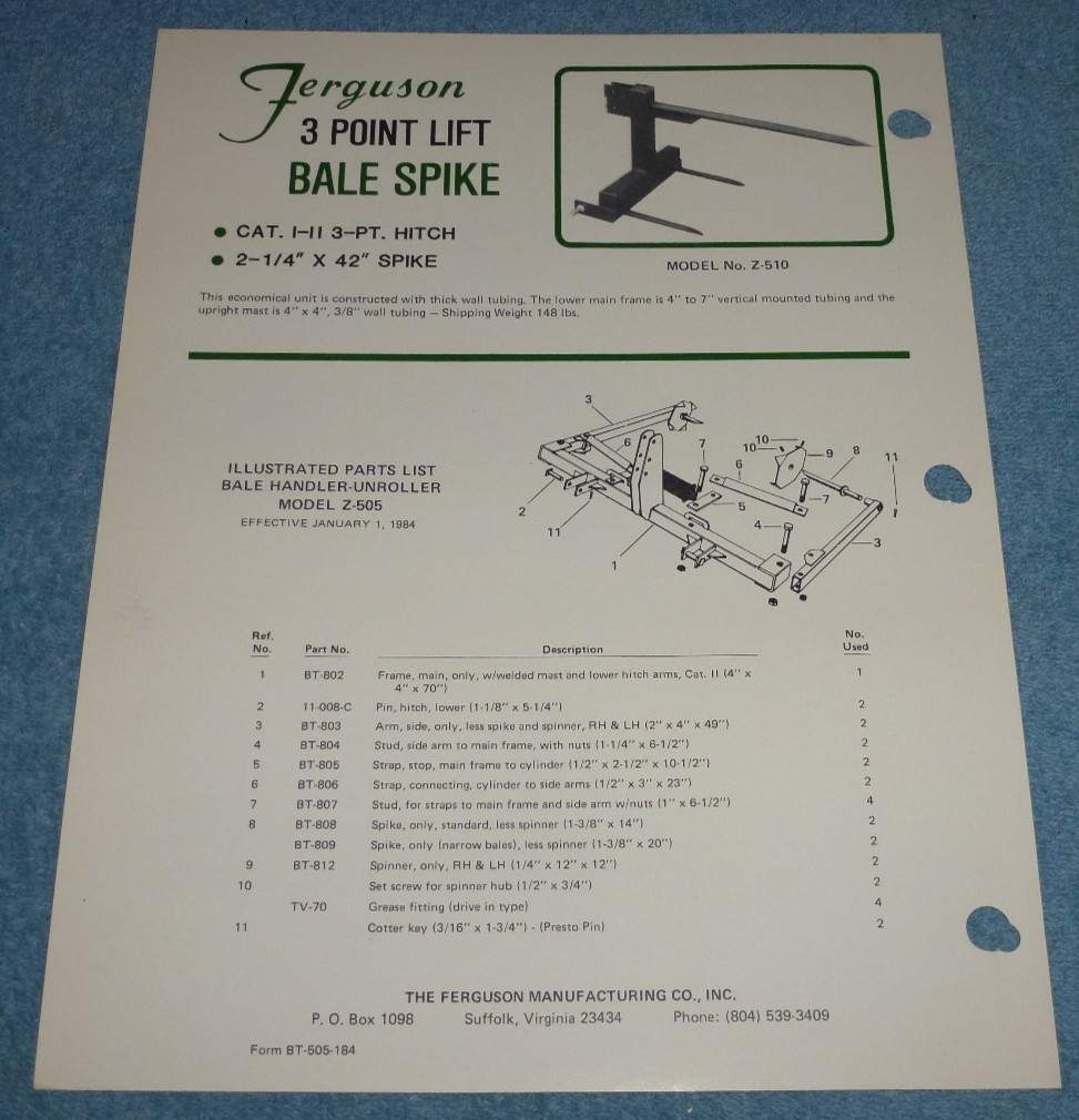 Vtg Ferguson Mfg Co Bale Handler-Unroller 3 Point Lift Spike Brochure Parts List