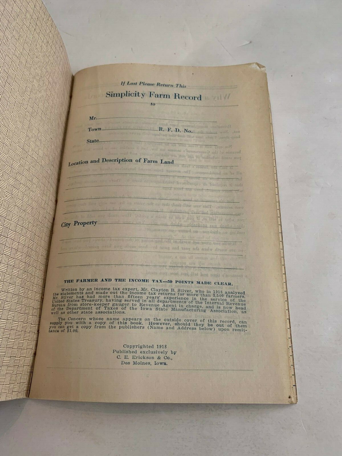 1919 The Simplicity Farm Record Premium Citizens National Bank Knoxville Iowa