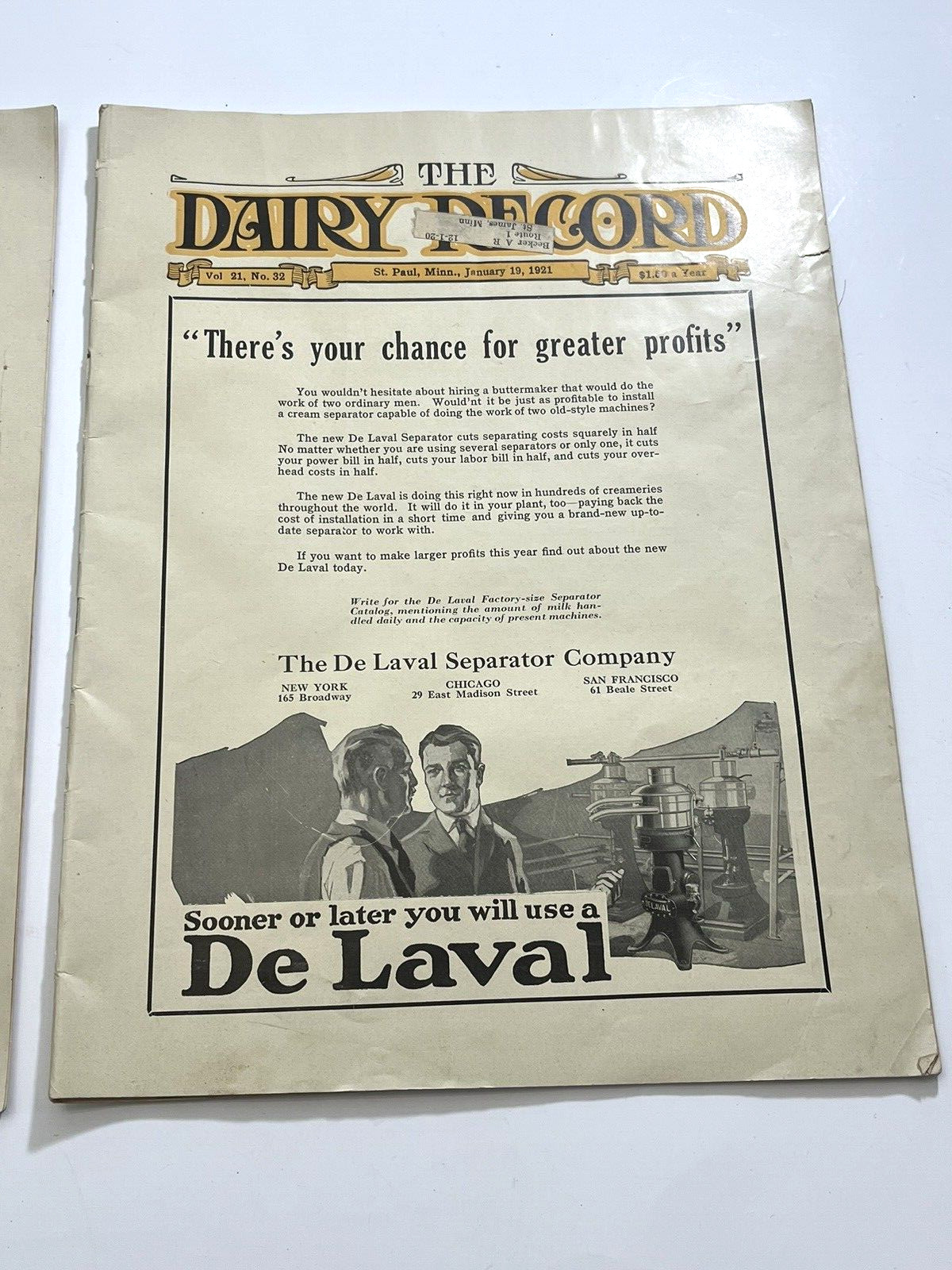 De Laval Dairy Record Farm Magazine Separator St. Paul MN Advertising 1921 LOT 2