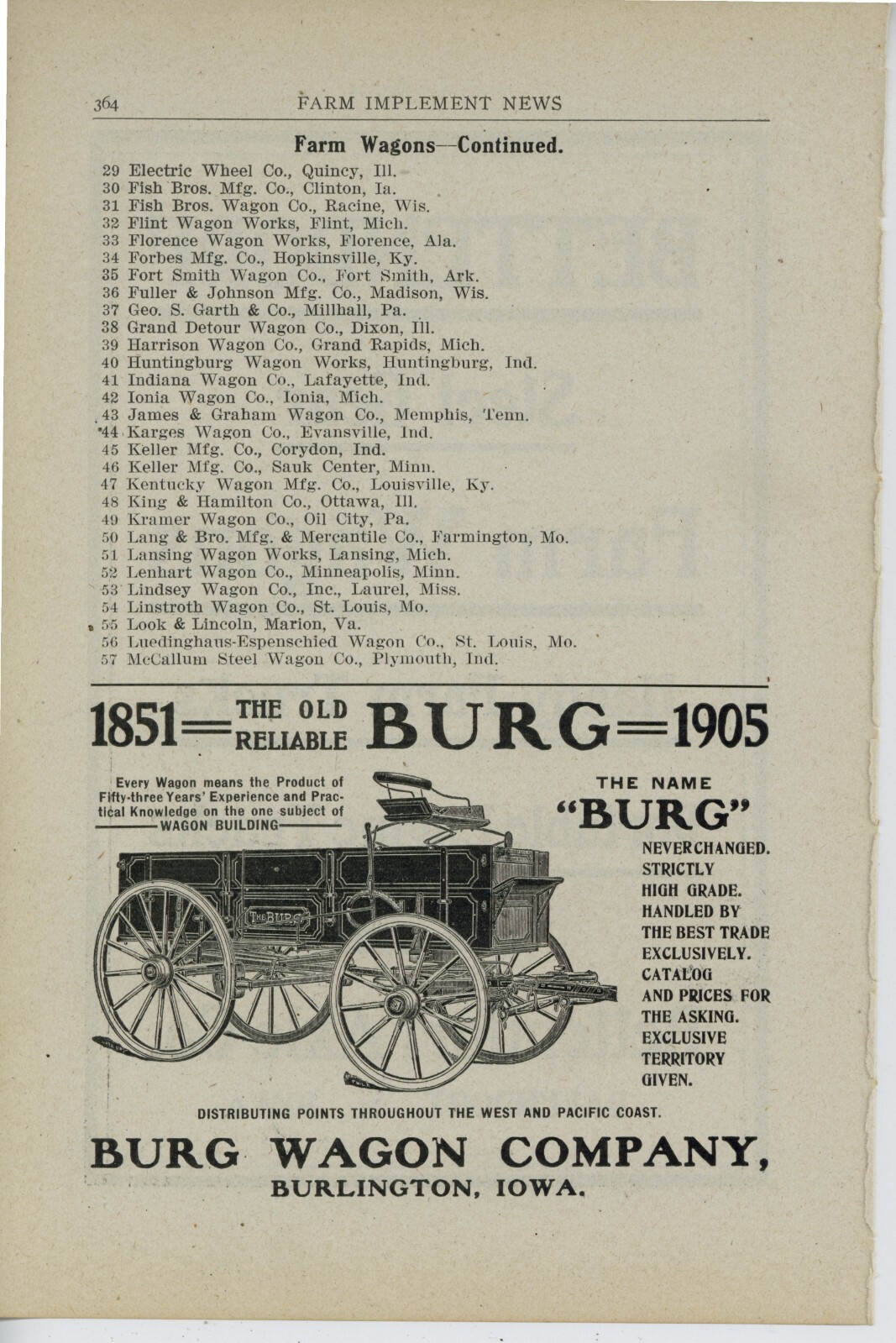 1905 Burg Wagon Co. of Burlington, Iowa Ad: Rev Side is Bettendorf Axle Co. Ad