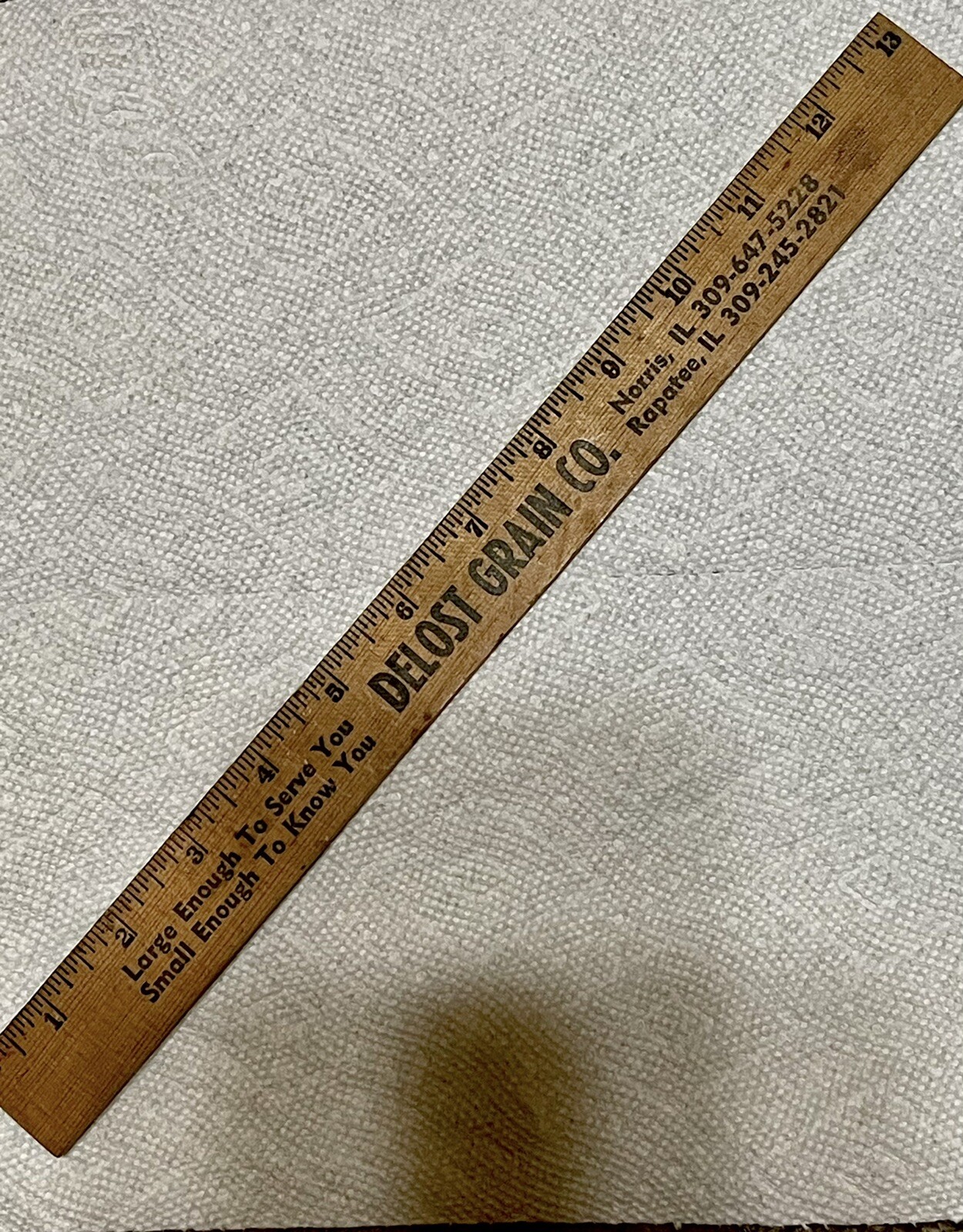 Vintage Wooden Ruler Delost Grain Co. Norris, Illinois/Rapatee Il.Farm Ag Ad