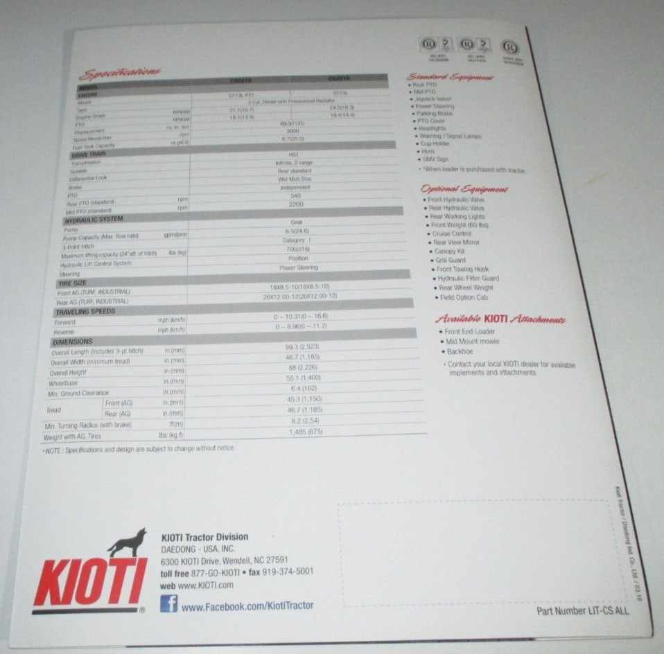*Kioti CS Series CS2210 & CS2510 Sub Compact Tractor Sales Brochure Literature