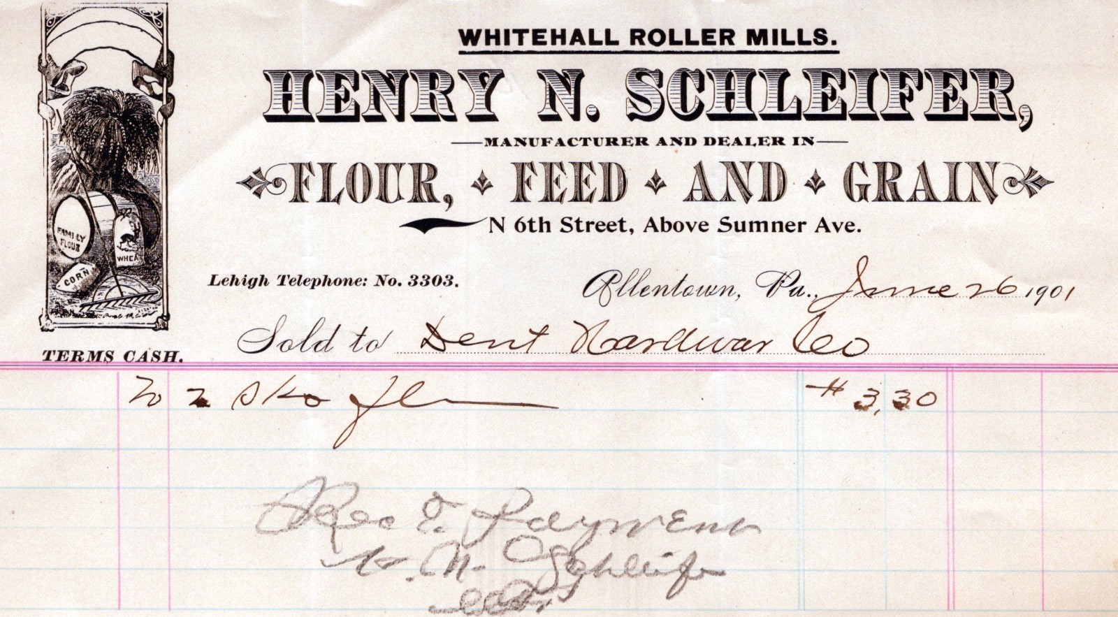 1901 Whitehall Roller Mills Henry N Schleifer Allentown PA Flour Feed Grain A2FF