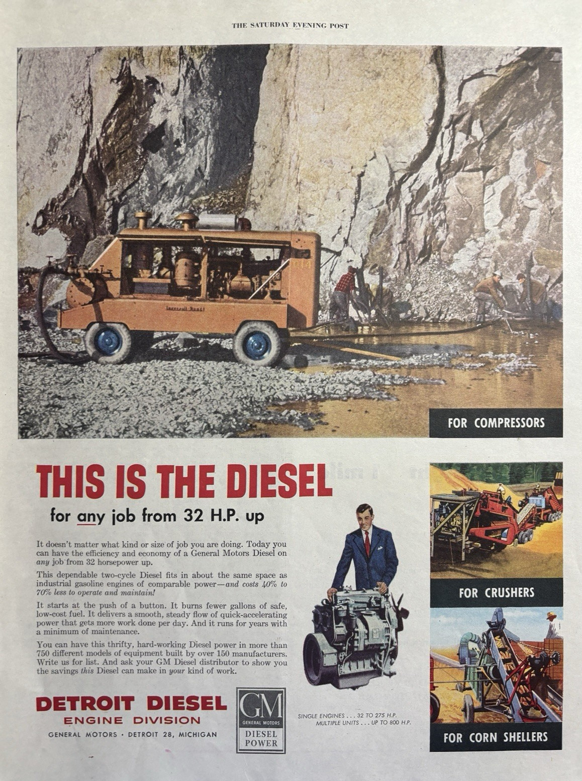 Detroit Diesel General Motors Engines Compressors Crushers VTG Print Ad 1952