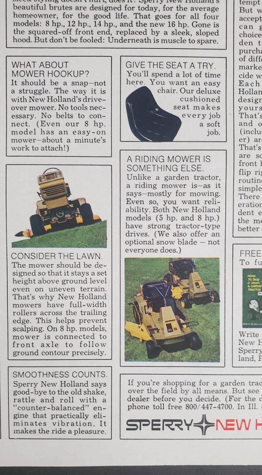 Sperry New Holland Garden Tractor 1970&rsquo;s Magazine Print Advertisement