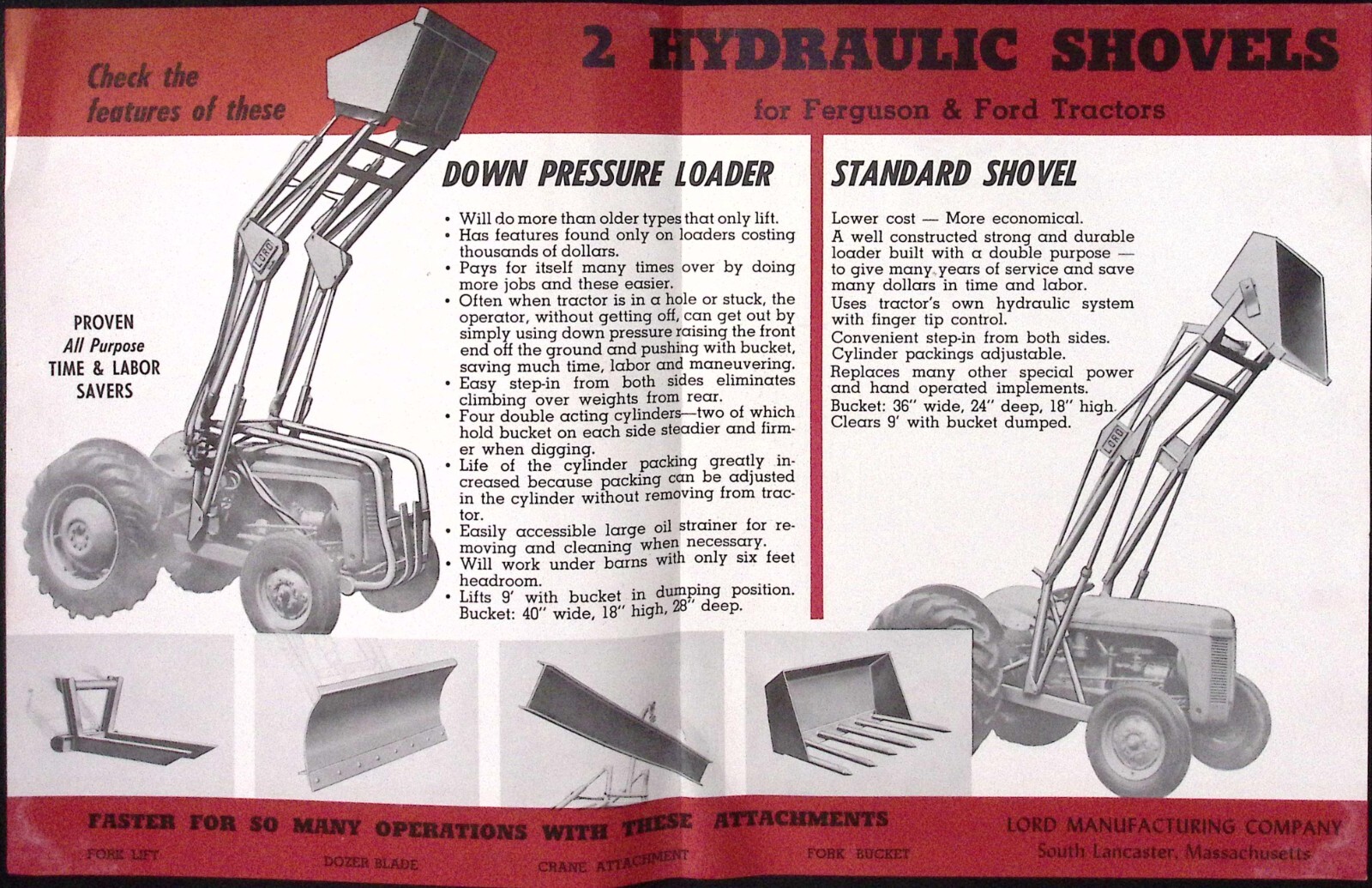 1954 Lord Mfg Co Hydraulic Shovels for Ferguson & Ford Tractors Dealer Brochure