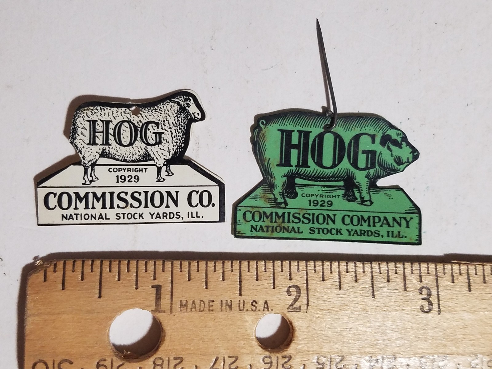 1929 Hog Commission Company, 2 Celluloid Pins National Stockyards, Illinois