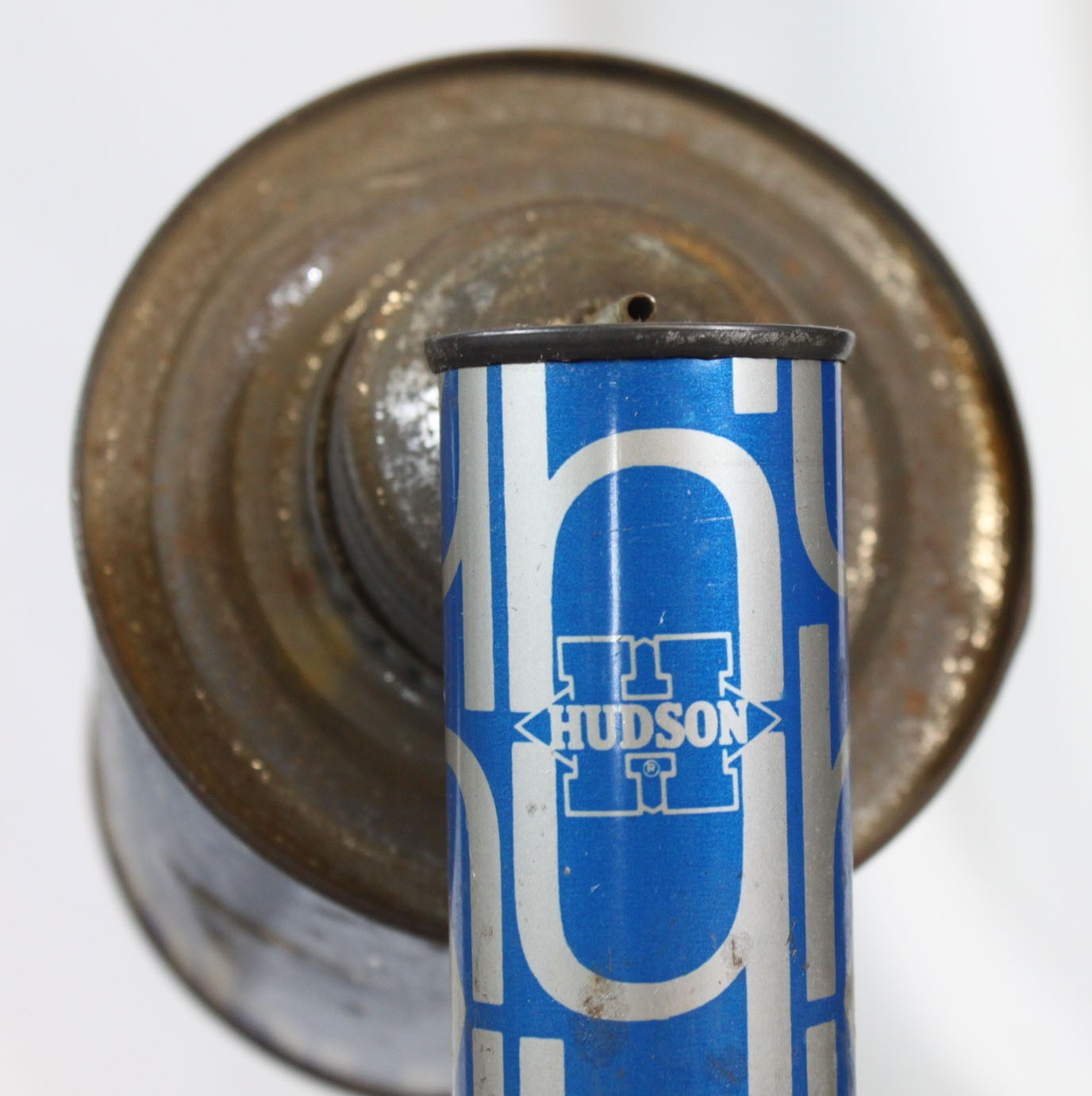 Vtg Hudson Sprayer Duster Metal Hand Pump Canister Blue Silver Retro Farming
