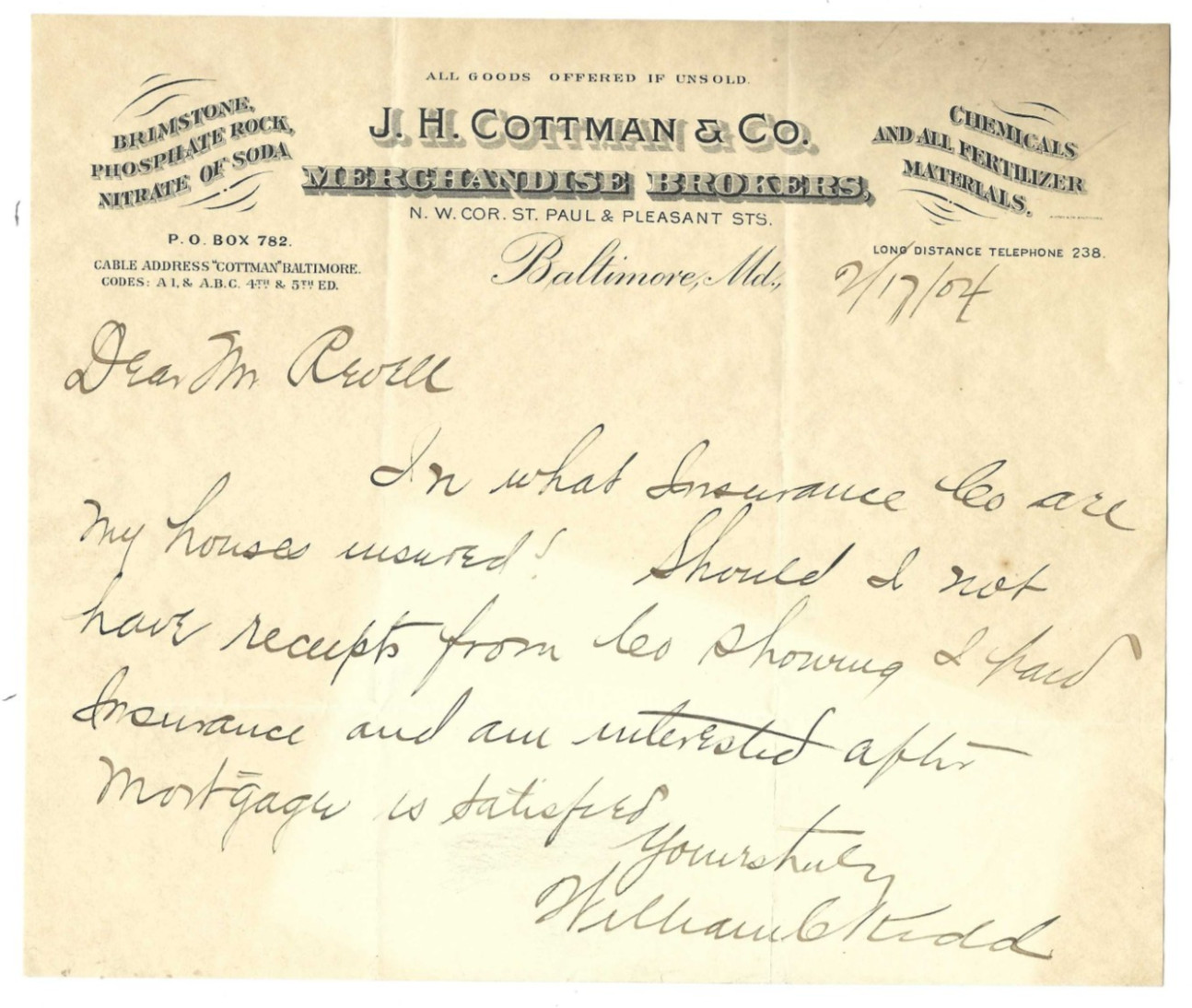 1904 Advertising Letterhead JH Cottman Merchandise Brokers Baltimore Fertilizer