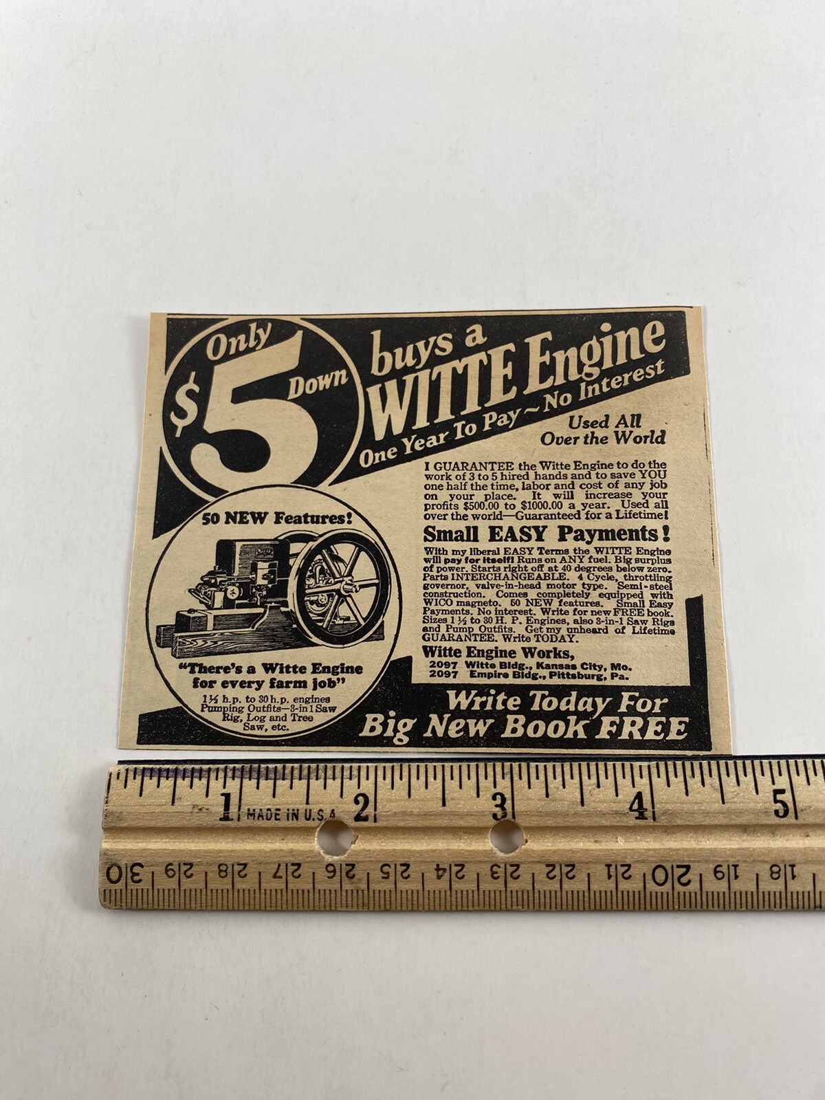 1927 Witte Engine Works $5 Vintage Magazine Print Ad Old 20’s Farm Job Equipment