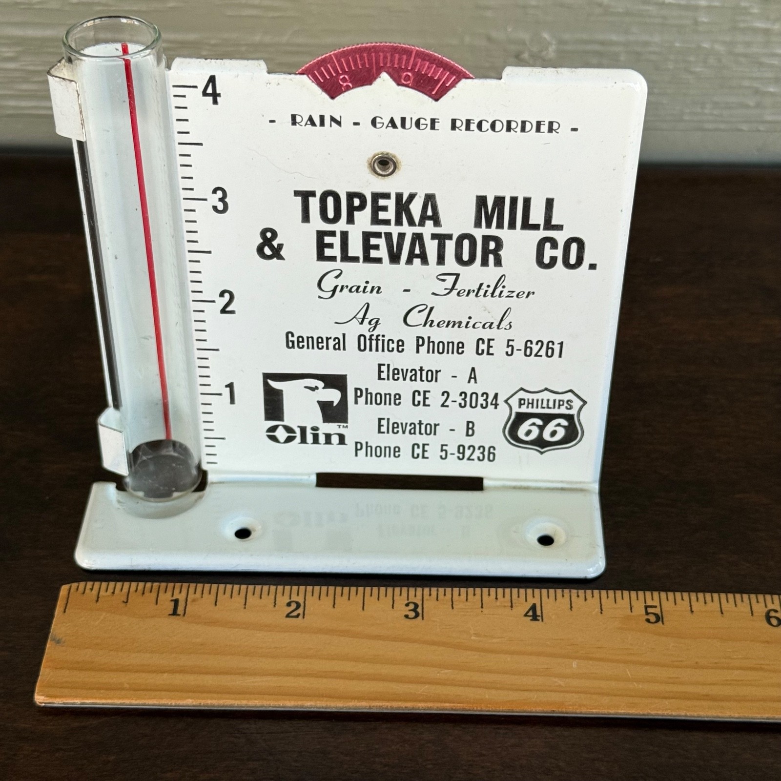 VTG Rain Gauge Topeka Mill & Elevator Co Advertising Olin Phillips 66 Grain KS