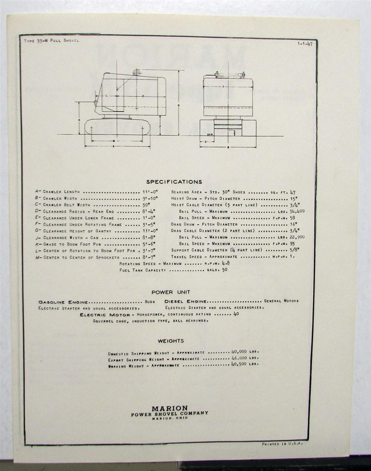 1947 Marion 33M Pull Shovel Specifications Construction Sales Data Sheet
