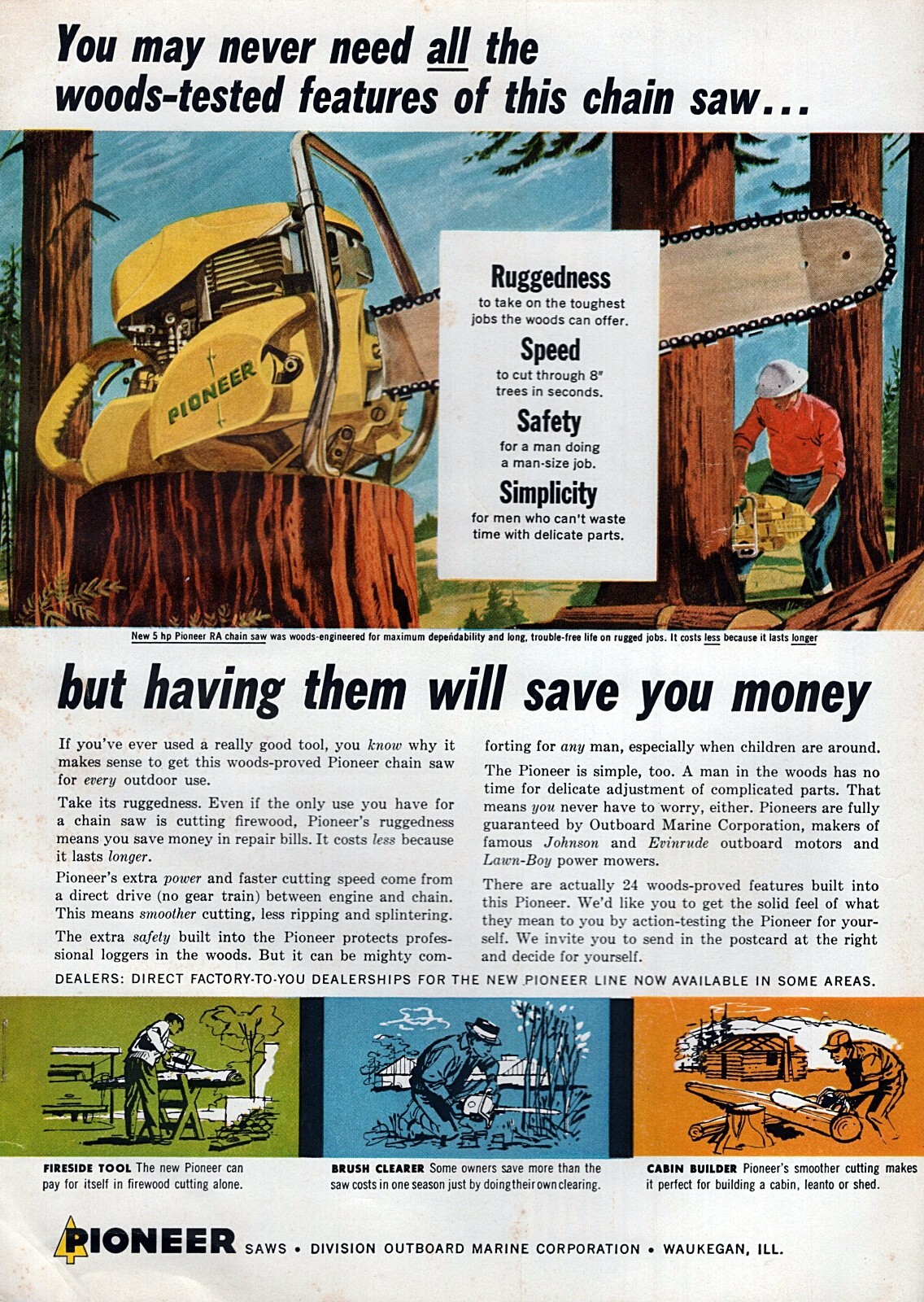 1957 Pioneer RA Chainsaw Original Color Print Ad
