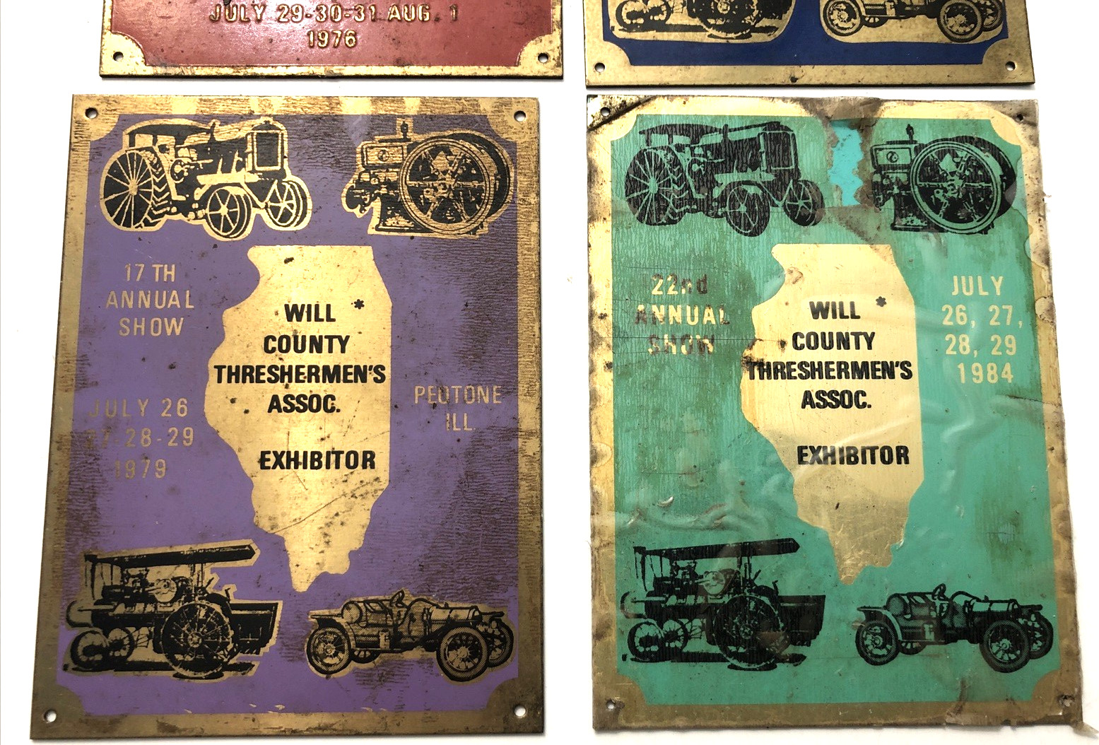 VTG 1976-1984 Will County Threshermen&rsquo;s Asso. Exhibitor Brass Plaque-Lot of 4