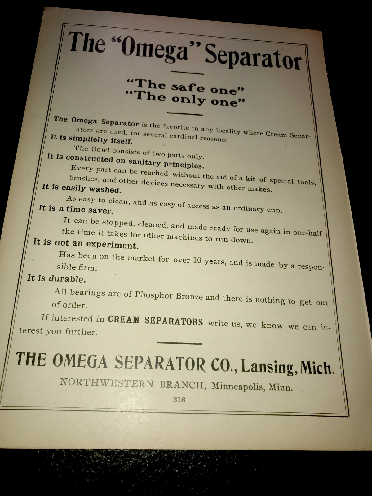 1905 Omega Separator Farm Advertising – Lansing – Michigan