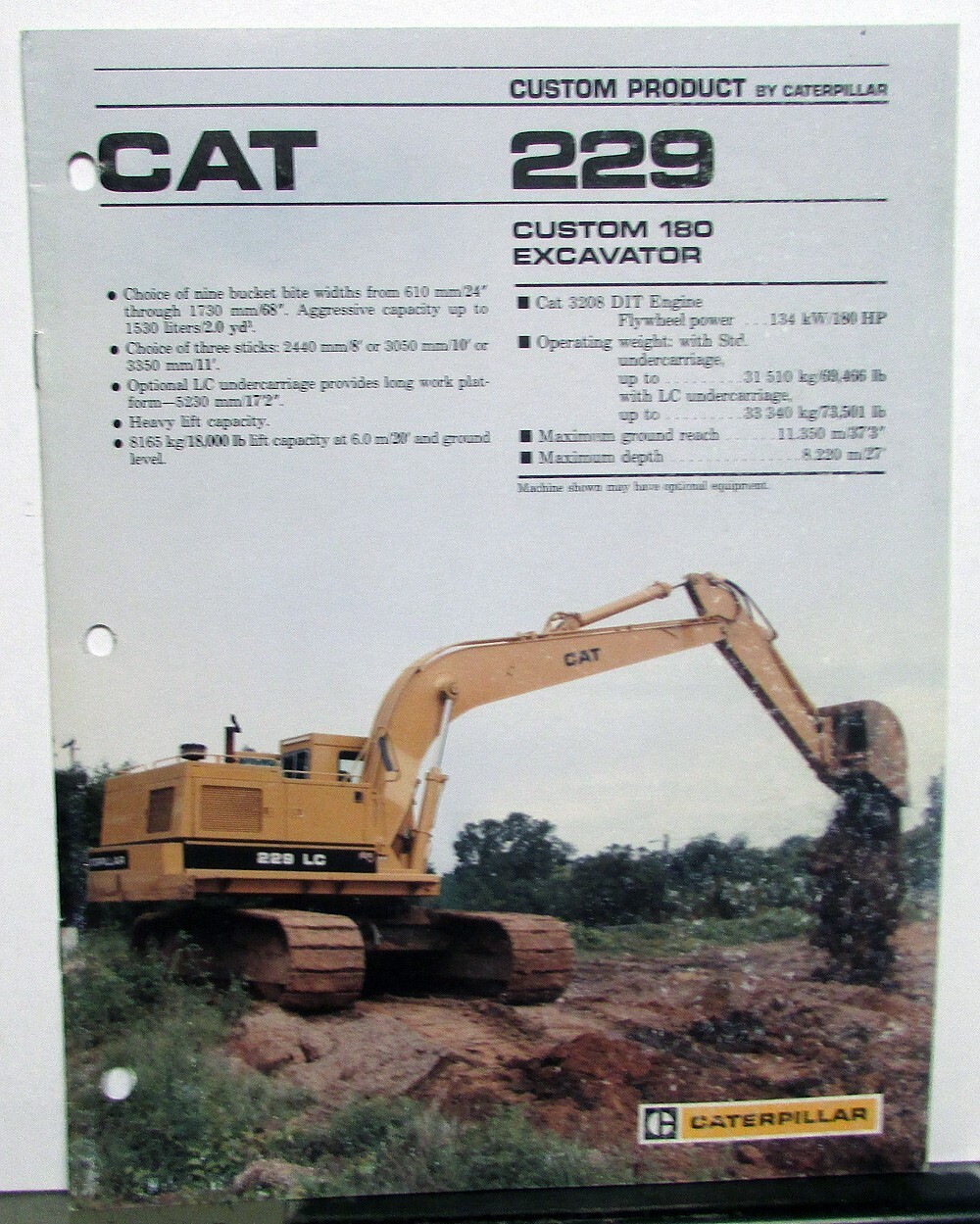 1988 Caterpillar 229 Custom 180 Excavator Specification Construction Sale Folder