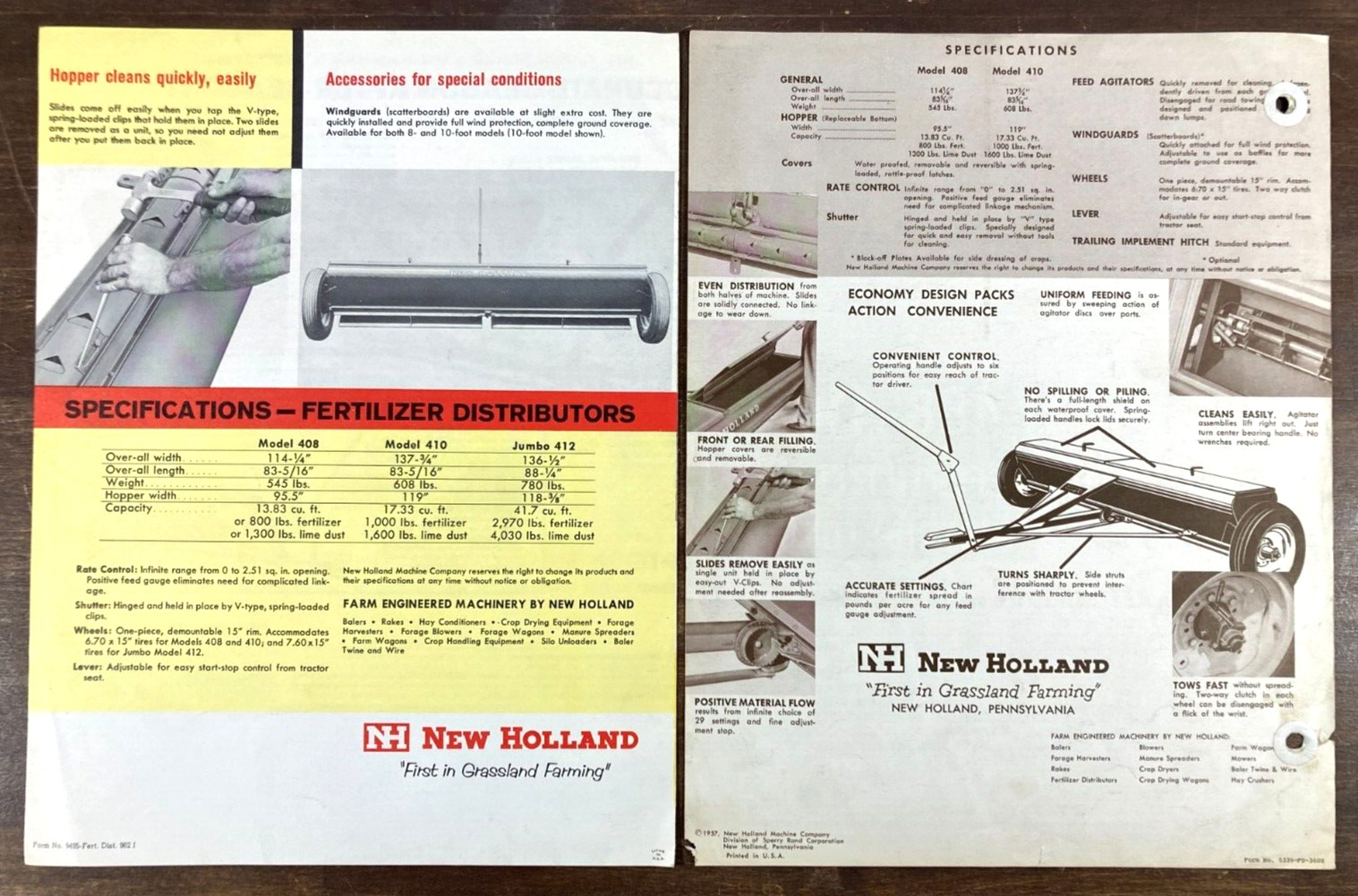 New Holland 408 410 412 Fertilizer Distributors 1957-62 Sales Brochure Lot (2)