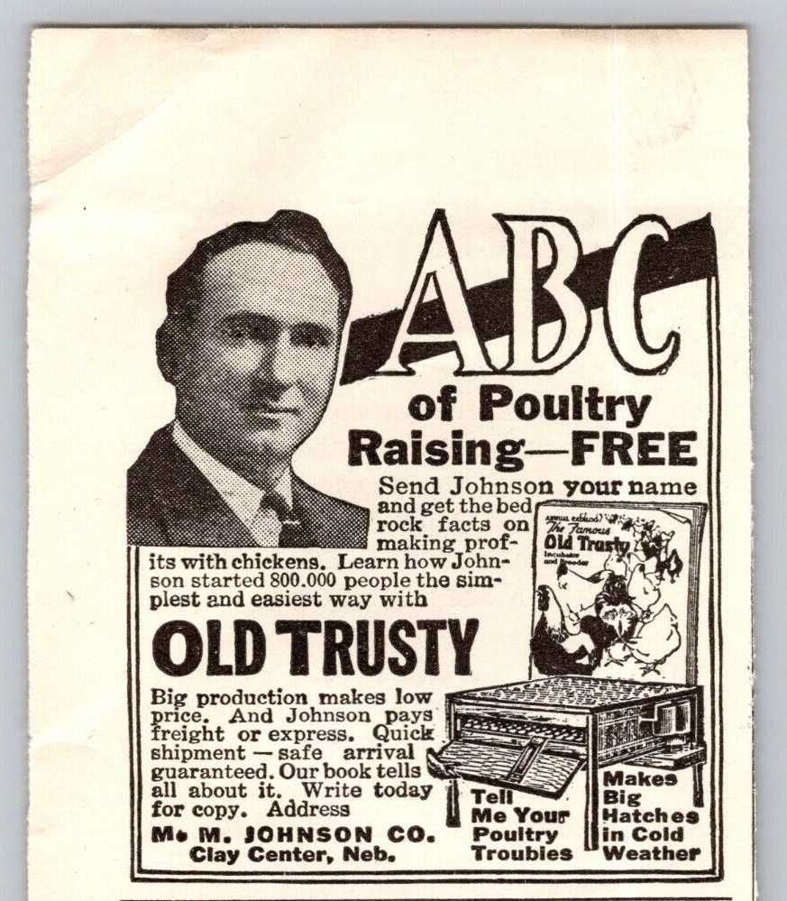 1919 Print Ad M M Johnson Co Clay Center NE ABC Of Poultry Raising Old Trusty